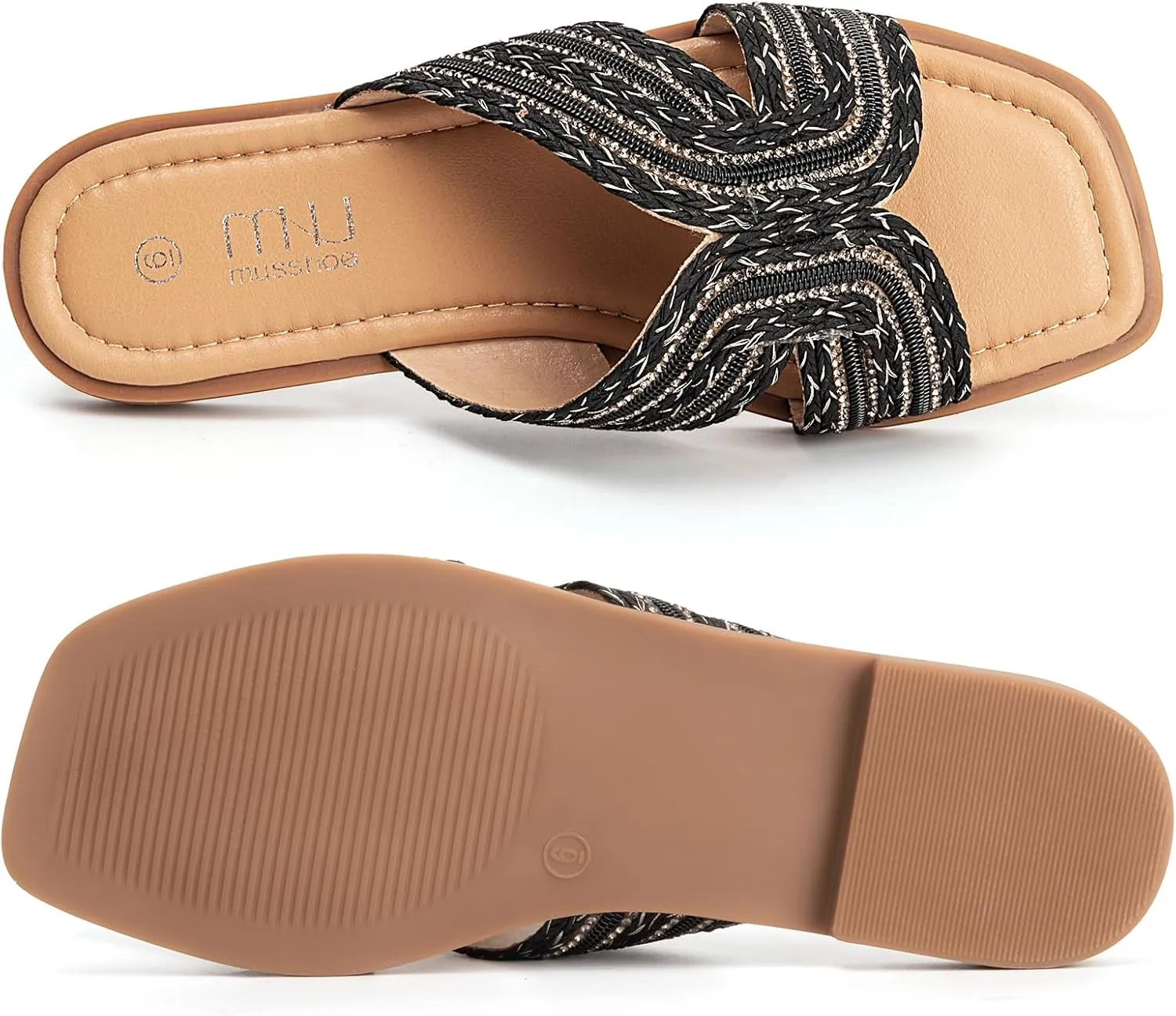 MUSSHOE Womens Flat Sandals Comfortable Slip On Dressy Open Square Toe Slides Sandals for Summer