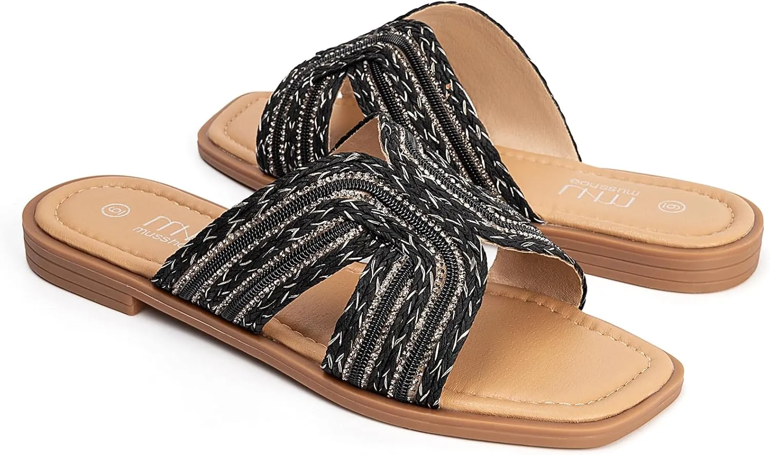 MUSSHOE Womens Flat Sandals Comfortable Slip On Dressy Open Square Toe Slides Sandals for Summer