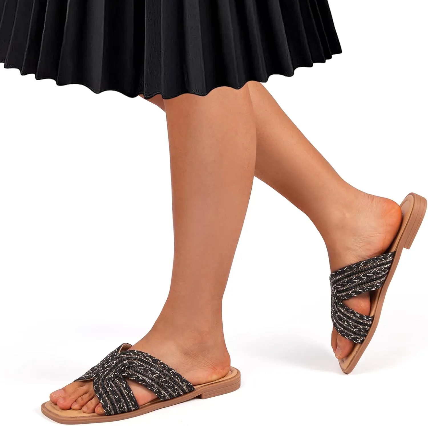 MUSSHOE Womens Flat Sandals Comfortable Slip On Dressy Open Square Toe Slides Sandals for Summer