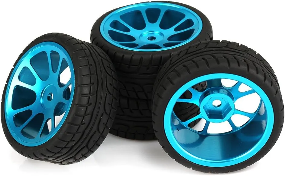 Mxfans 4Pcs Plastic Tires & Blue 10-Spokes Aluminum Wheel Rims for RC 1:10 On-Road Car