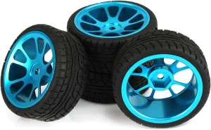 Mxfans 4Pcs Plastic Tires & Blue 10-Spokes Aluminum Wheel Rims for RC 1:10 On-Road Car