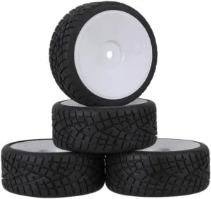 Mxfans White Plastic Smooth Flat Disc Wheel Rims   Striped Pattern Rubber Tires Tyres for RC 1:10 On Road Racing Car Spare Parts Set of 4
