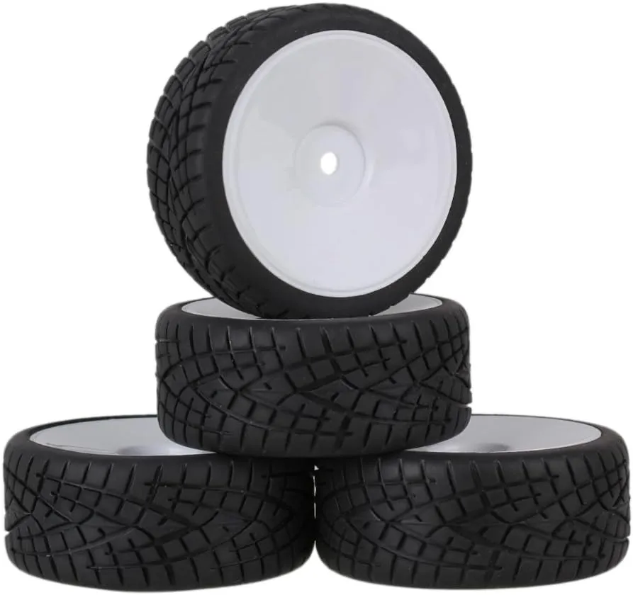 Mxfans White Plastic Smooth Flat Disc Wheel Rims   Striped Pattern Rubber Tires Tyres for RC 1:10 On Road Racing Car Spare Parts Set of 4