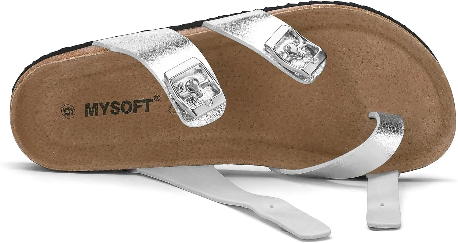 mysoft Women's Cork Footbed Sandals Double Adjustable Buckle Slide Sandals Slip On Walking Summer Shoes