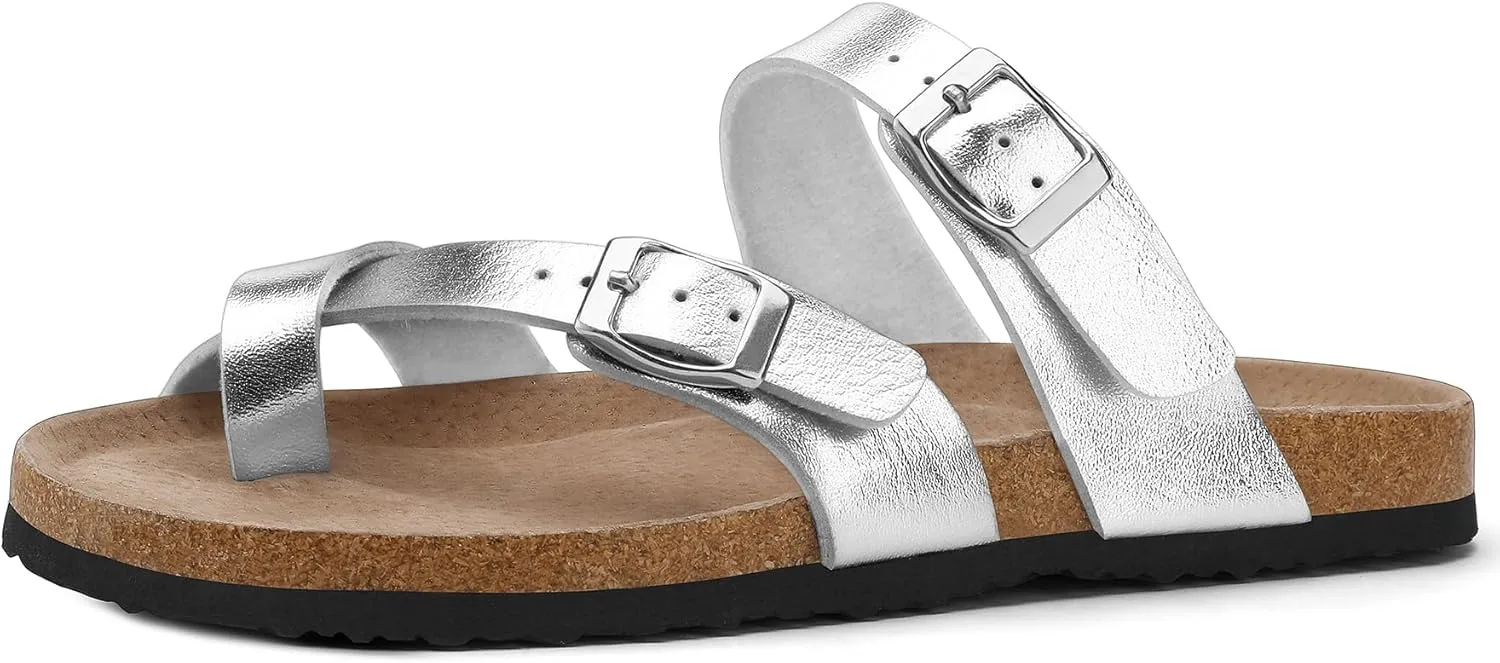 mysoft Women's Cork Footbed Sandals Double Adjustable Buckle Slide Sandals Slip On Walking Summer Shoes