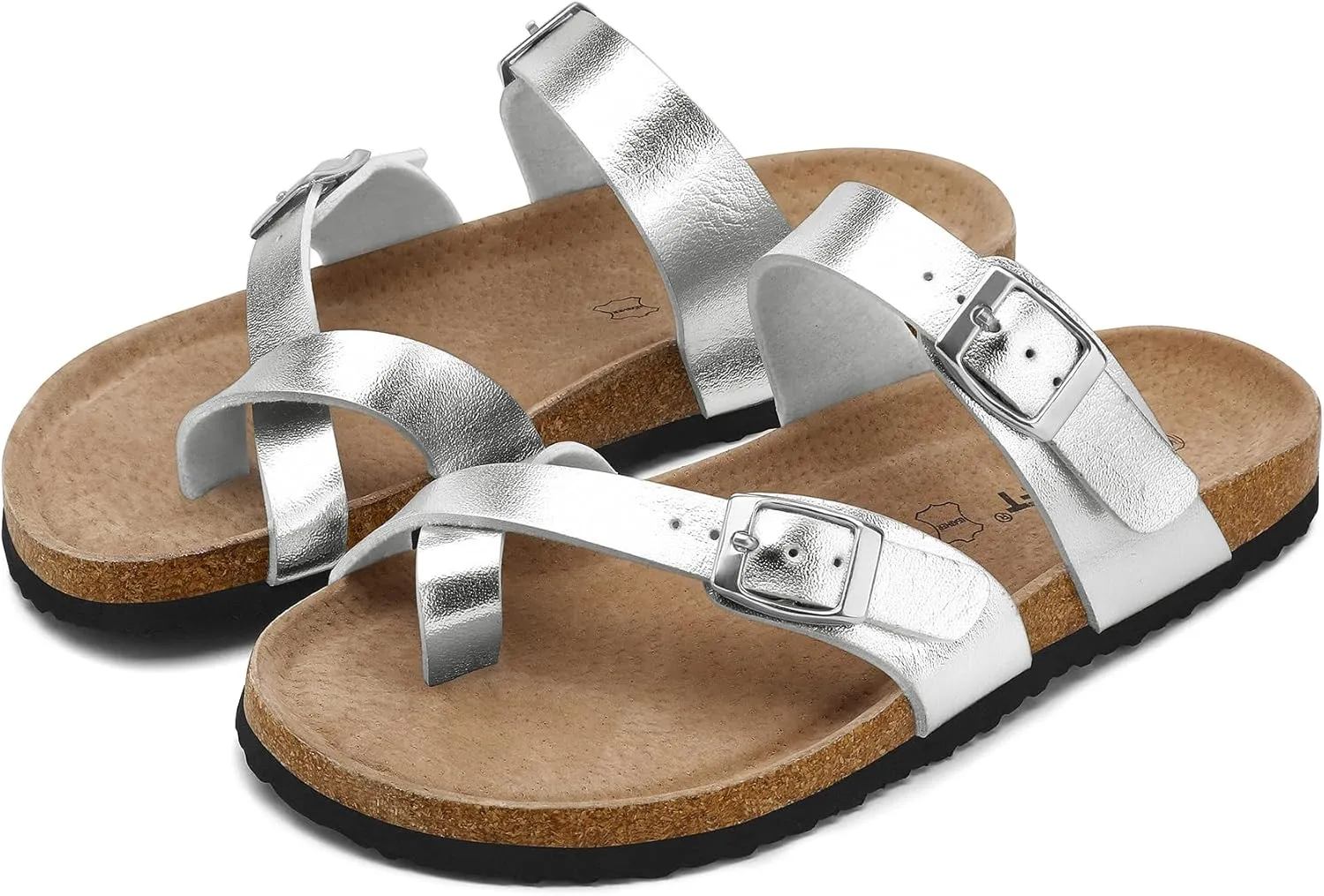 mysoft Women's Cork Footbed Sandals Double Adjustable Buckle Slide Sandals Slip On Walking Summer Shoes