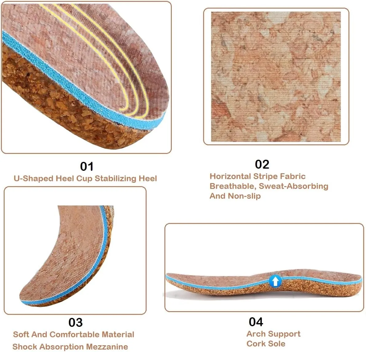 Nature Cork Arch Support Insoles for Men and Women Shoe Inserts Orthotic Inserts Flat Feet Foot - Plantar Fasciitis Orthotic Insoles for Arch Pain High Arch - Boot Insoles (Women 6.5-7)