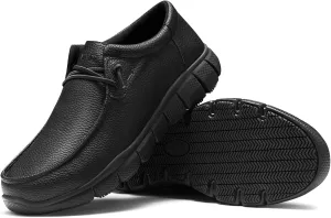 NINGO Leather Non Slip Shoes for Men Women, Slip On Water Resistant Work Loafers, Lightweight Breathable Chef Footwear & Sneakers for Kitchen/Restaurant Staff, Hospitality and Food Processing