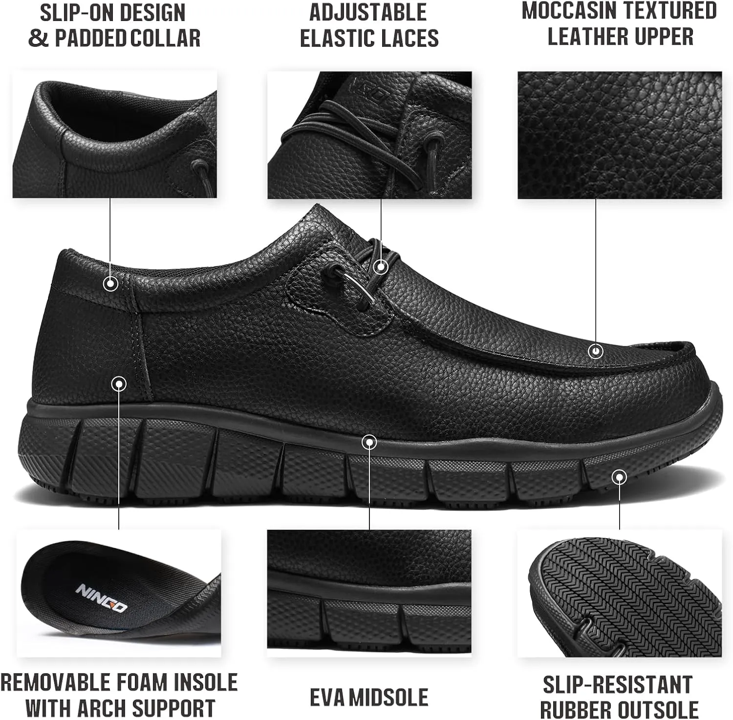 NINGO Leather Non Slip Shoes for Men Women, Slip On Water Resistant Work Loafers, Lightweight Breathable Chef Footwear & Sneakers for Kitchen/Restaurant Staff, Hospitality and Food Processing