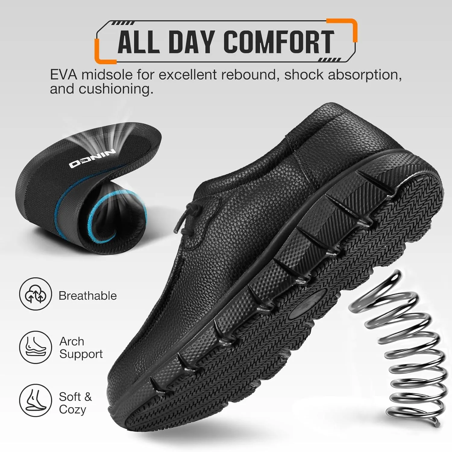 NINGO Leather Non Slip Shoes for Men Women, Slip On Water Resistant Work Loafers, Lightweight Breathable Chef Footwear & Sneakers for Kitchen/Restaurant Staff, Hospitality and Food Processing