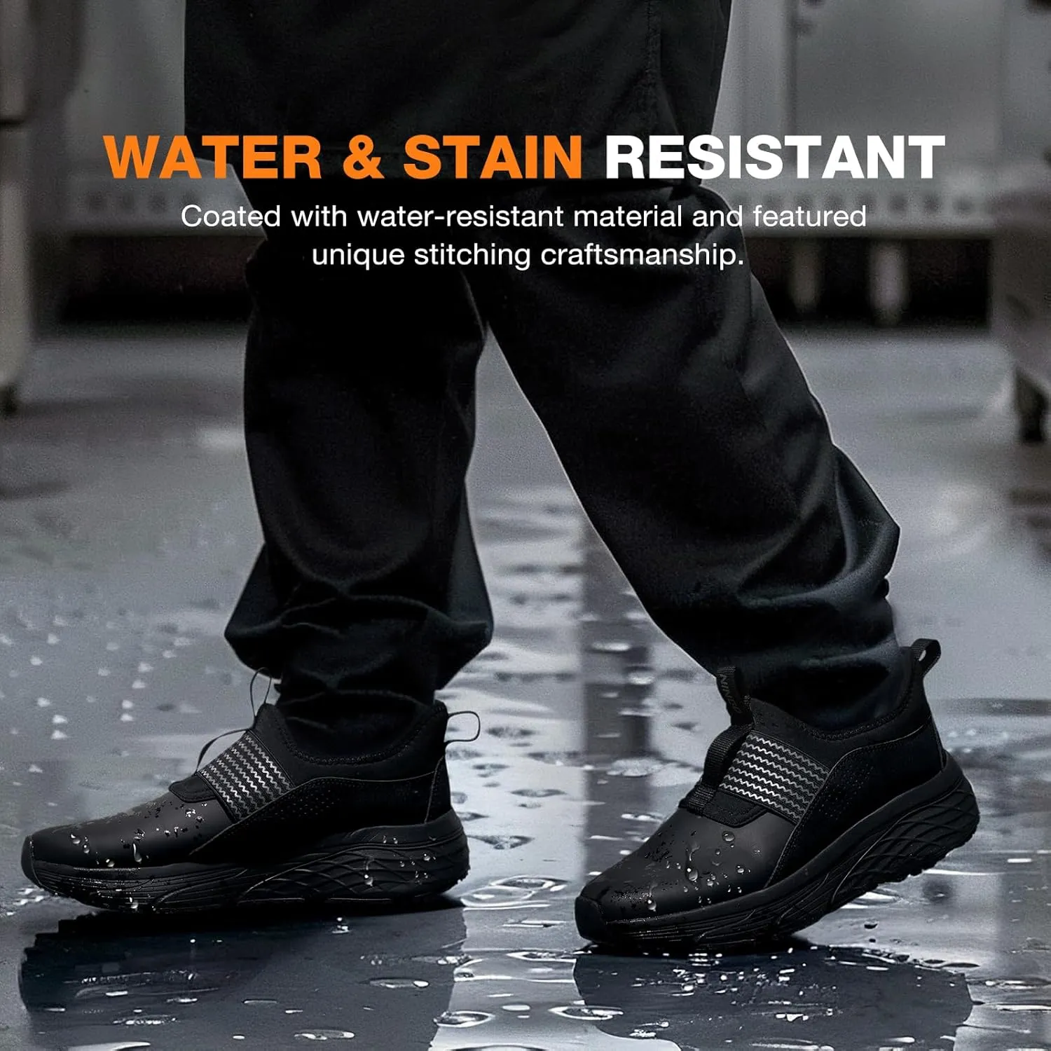 NINGO Non Slip Work Shoes for Men Food Service, Water & Oil Resistant Slip On Kitchen Chef Shoes, Comfortable Padded EVA Outsole Slip Resistant Work Shoes for Men with Removable Insole