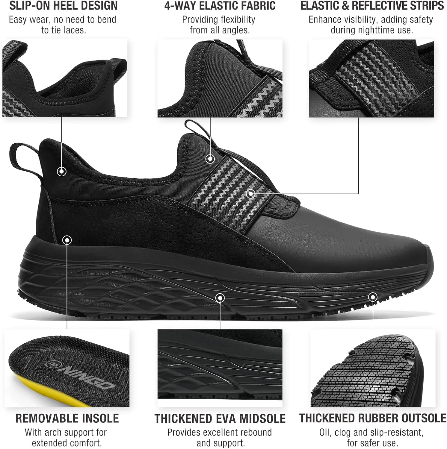 NINGO Non Slip Work Shoes for Men Food Service, Water & Oil Resistant Slip On Kitchen Chef Shoes, Comfortable Padded EVA Outsole Slip Resistant Work Shoes for Men with Removable Insole