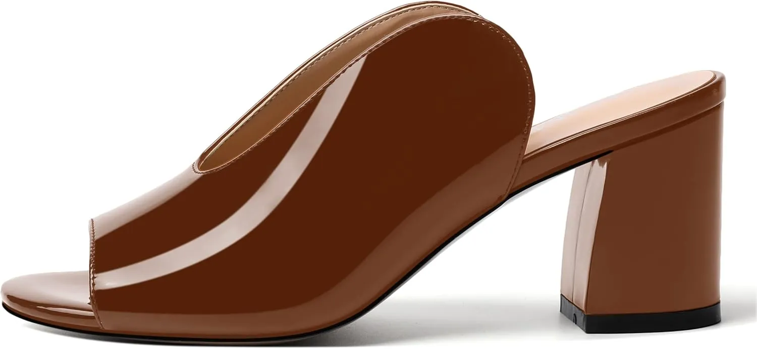 NUMALEO Womens Evening Patent Casual Slip On Round Toe Chunky Mid Heel Sandals 2.5 Inch