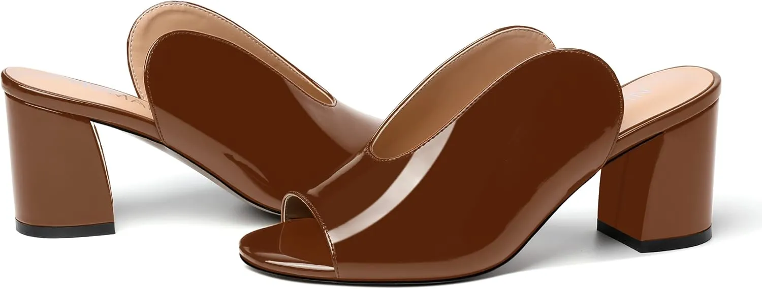NUMALEO Womens Evening Patent Casual Slip On Round Toe Chunky Mid Heel Sandals 2.5 Inch