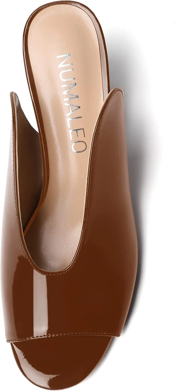 NUMALEO Womens Evening Patent Casual Slip On Round Toe Chunky Mid Heel Sandals 2.5 Inch