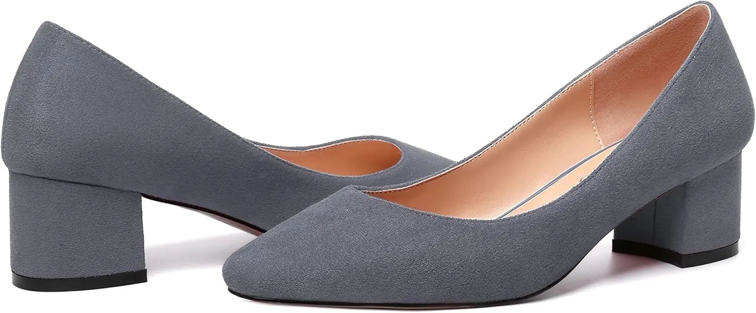 NUMALEO Womens Suede Solid Office Square Toe Slip On Casual Chunky Low Heel Pumps Shoes 2 Inch