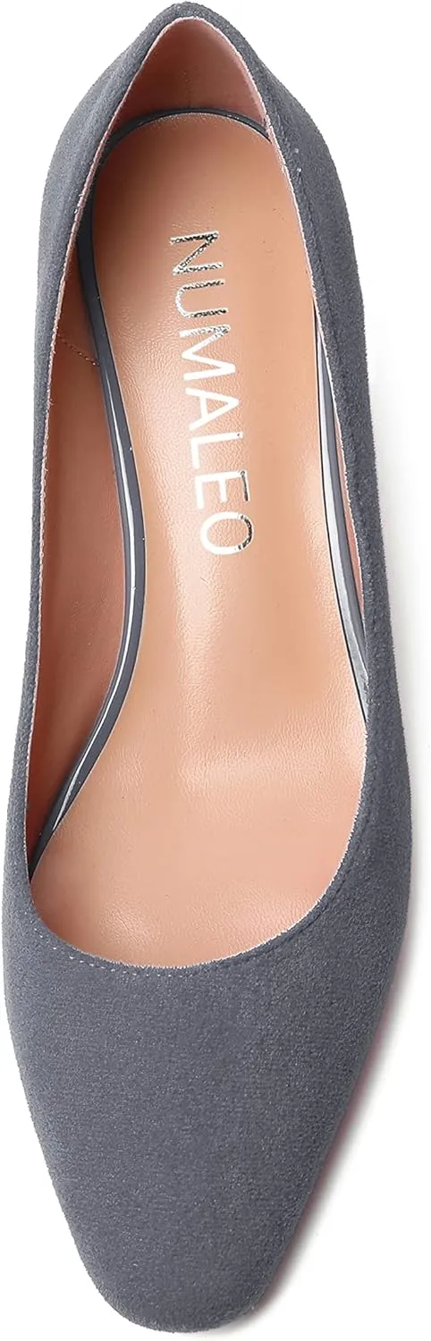 NUMALEO Womens Suede Solid Office Square Toe Slip On Casual Chunky Low Heel Pumps Shoes 2 Inch