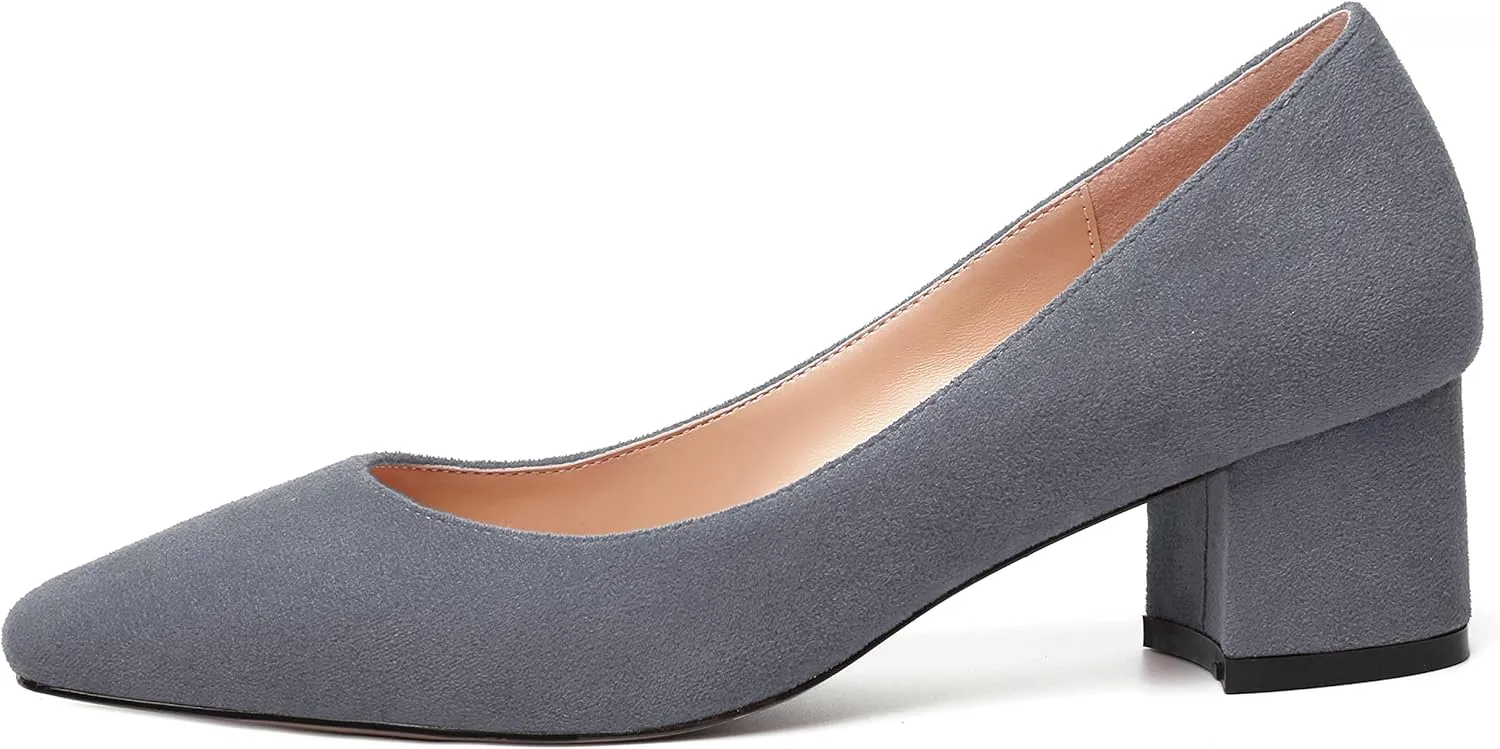 NUMALEO Womens Suede Solid Office Square Toe Slip On Casual Chunky Low Heel Pumps Shoes 2 Inch