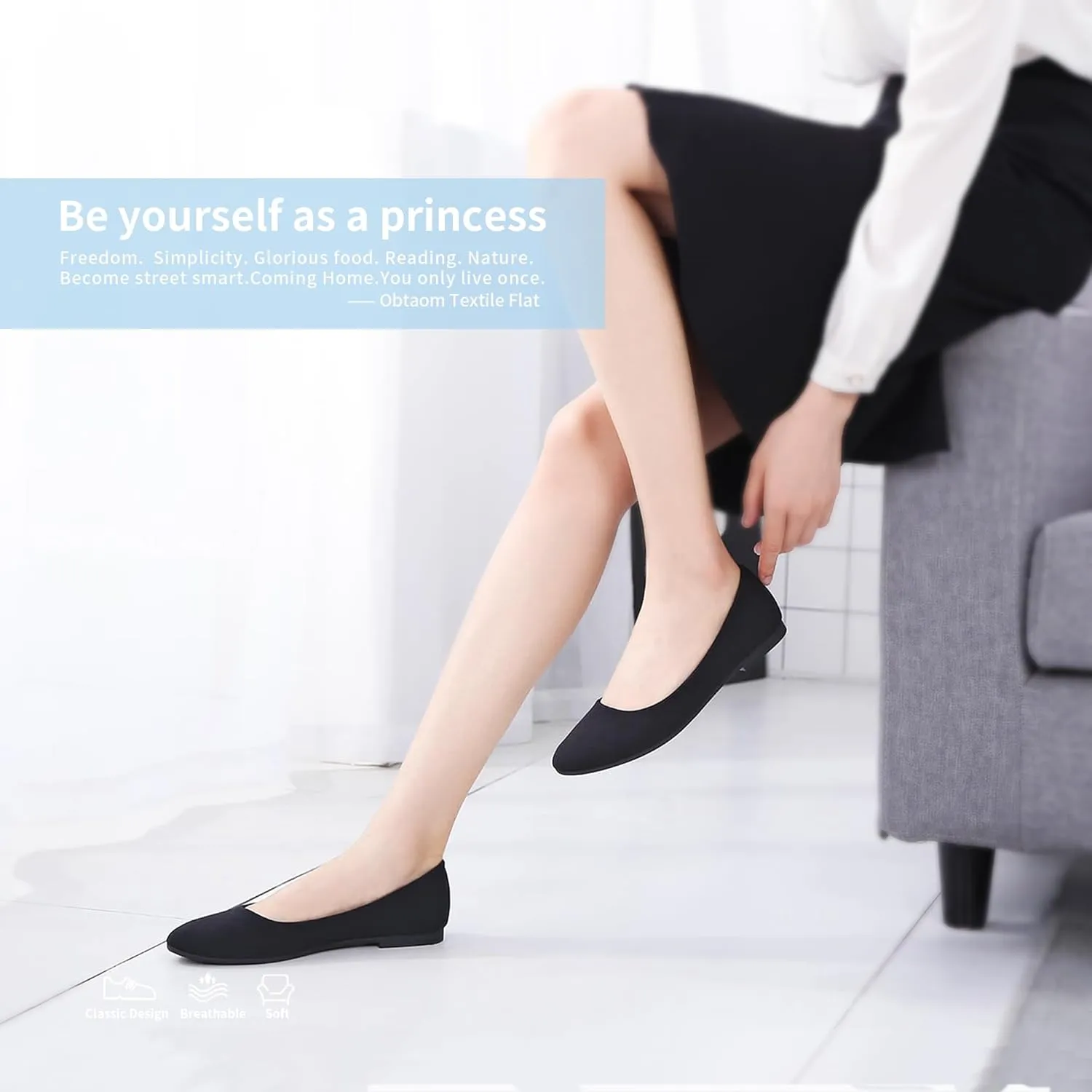 Obtaom Round Toe Women Flat Shoes Slip on Girls Dress Black Ballet Flats