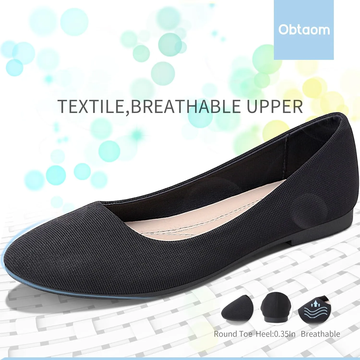 Obtaom Round Toe Women Flat Shoes Slip on Girls Dress Black Ballet Flats