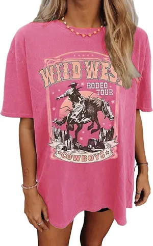 Oversized Wild West Cowboys T-Shirt for Women Western Rodeo Graphic Tee Short Sleeve Loose Vintage Country Music Tee Top