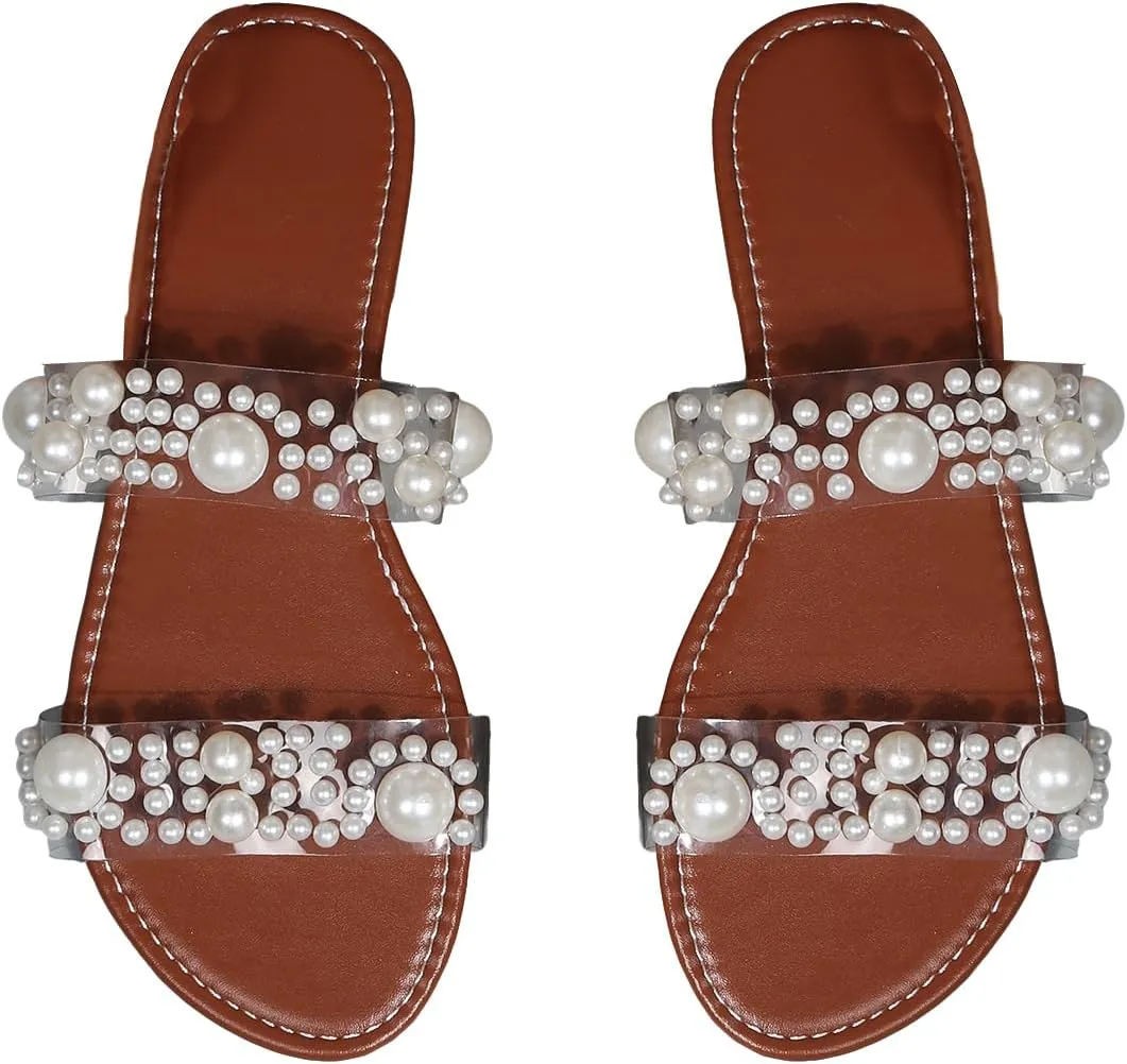 OYOANGLE Women's Pearl Decor Clear Double Strap Open Toe Slide Sandals Dressy Summer Slip on Flat Sandals