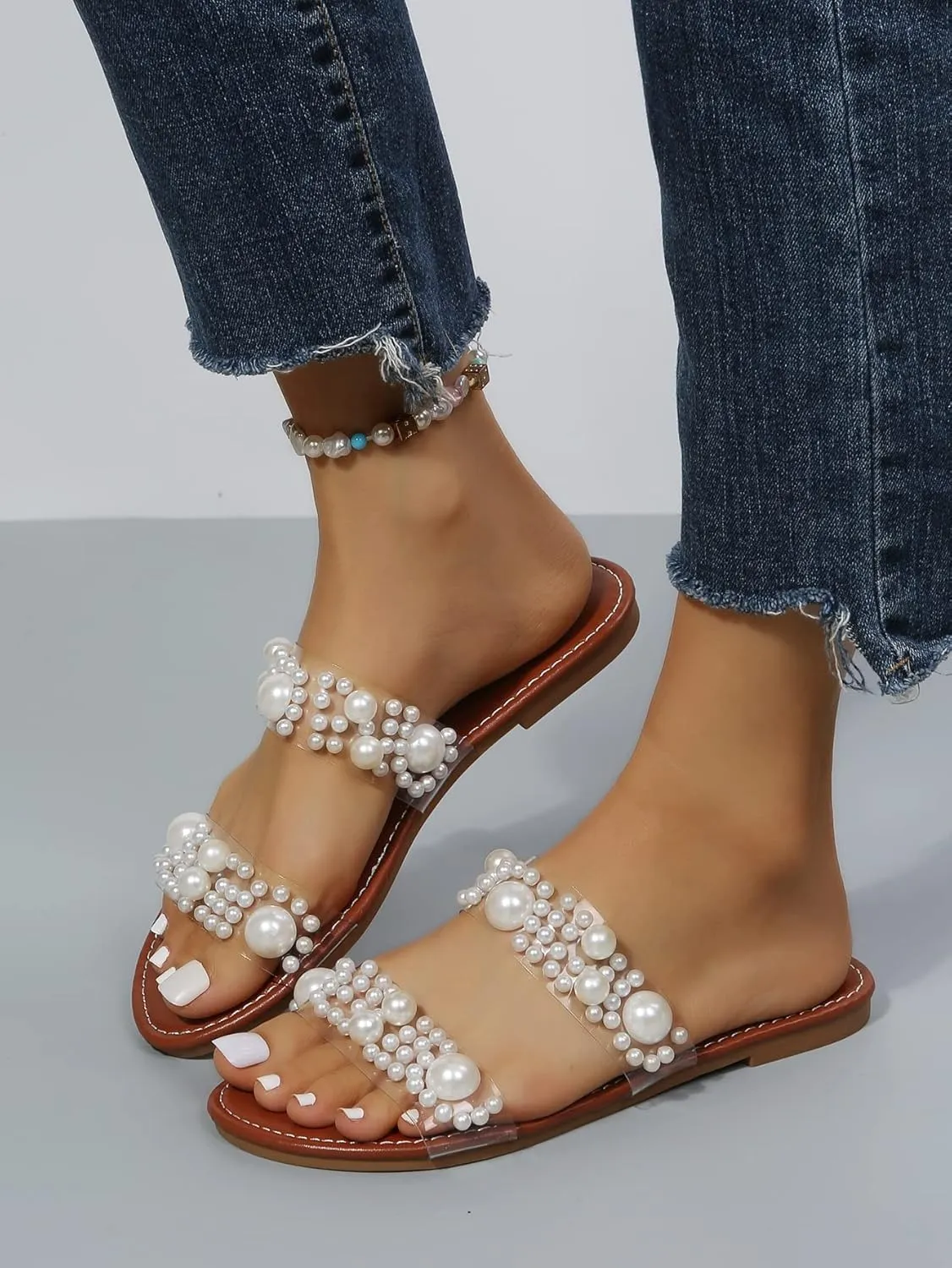 OYOANGLE Women's Pearl Decor Clear Double Strap Open Toe Slide Sandals Dressy Summer Slip on Flat Sandals