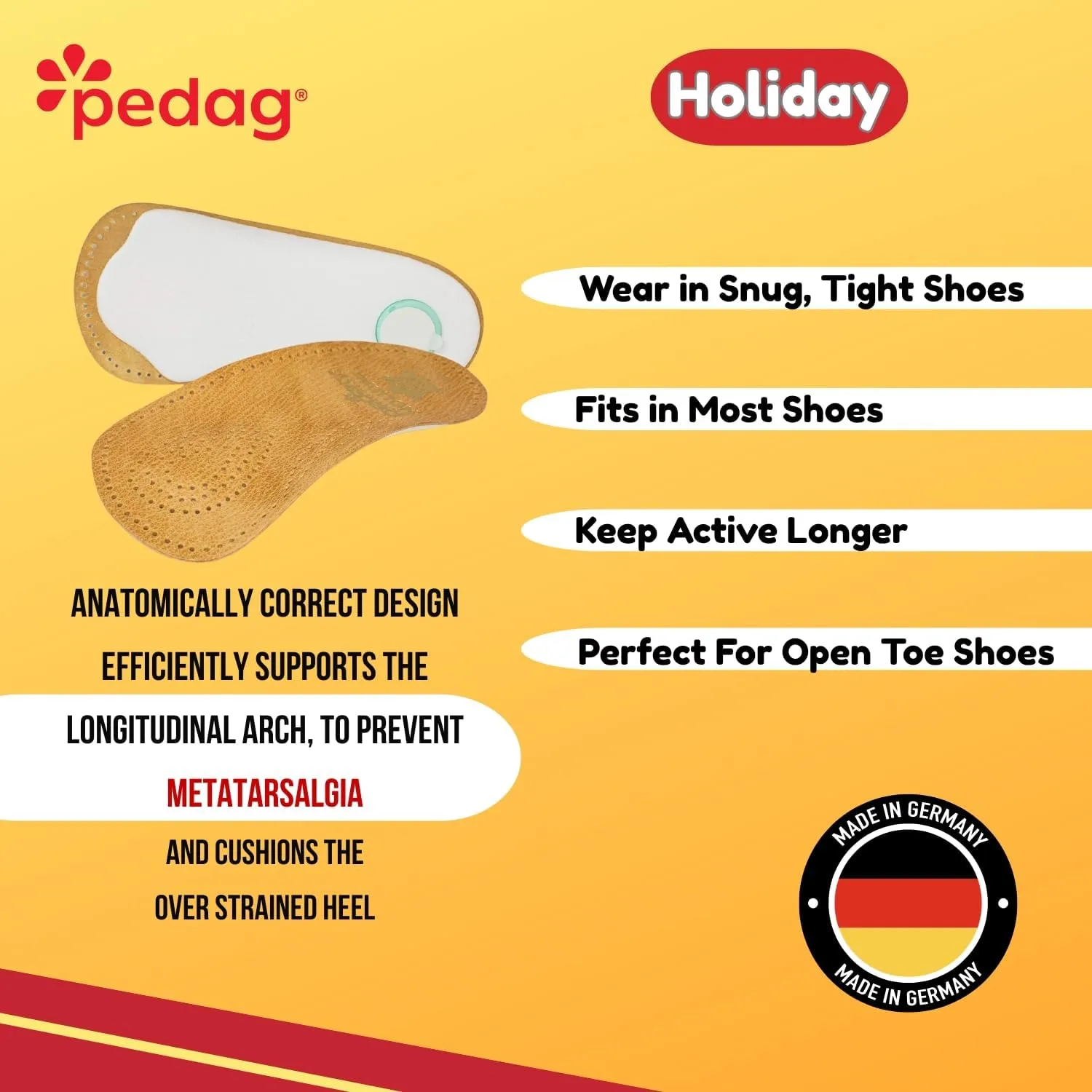Pedag Holiday | 3/4 Length Sheepskin Orthotic Inserts | Handmade in Germany | Arch Support | Metatarsal Pad | Heel Cushion | Fits Low Profile Tight Shoes | Tan | 1 Pair | US Women 10 / EU 40 US Men 7