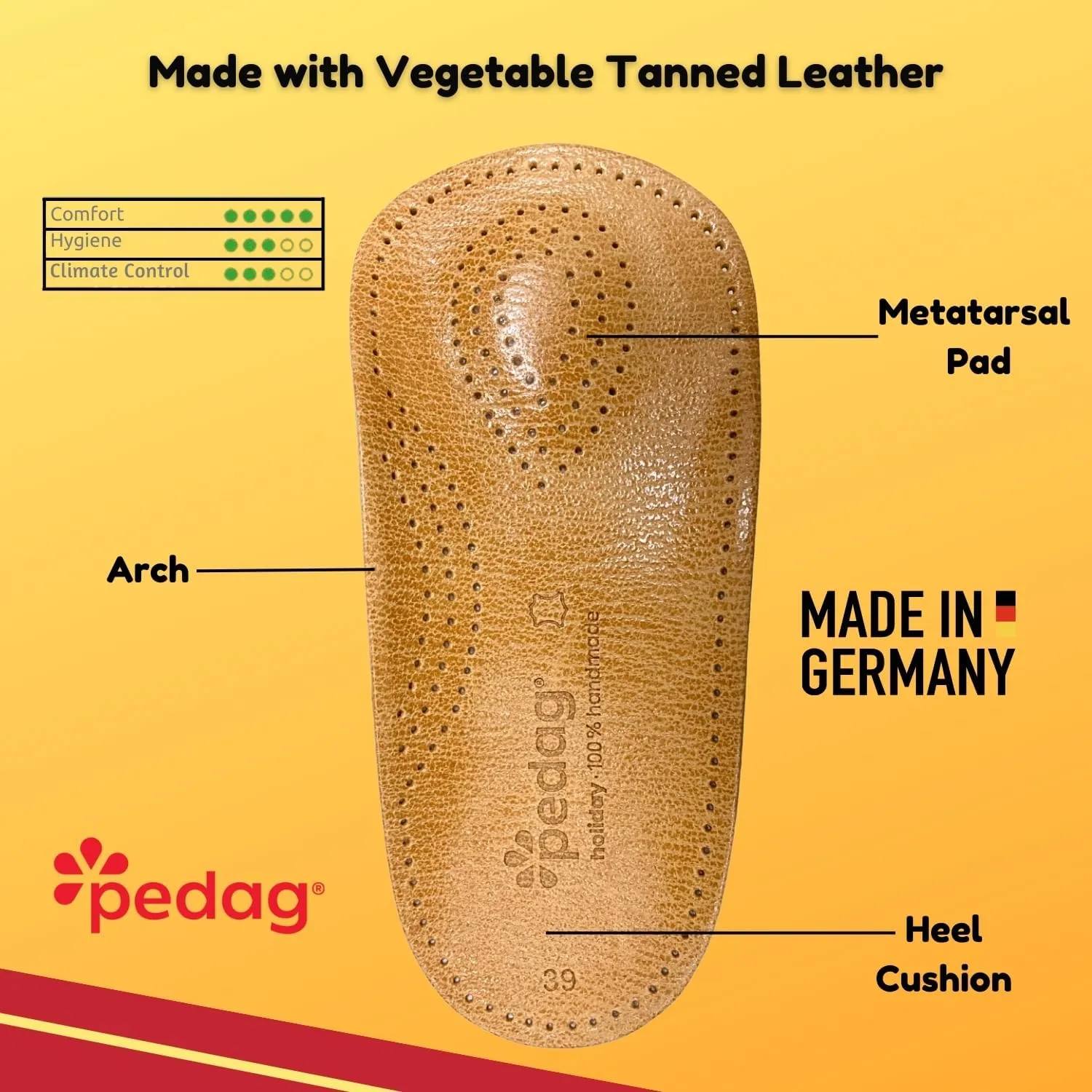 Pedag Holiday | 3/4 Length Sheepskin Orthotic Inserts | Handmade in Germany | Arch Support | Metatarsal Pad | Heel Cushion | Fits Low Profile Tight Shoes | Tan | 1 Pair | US Women 10 / EU 40 US Men 7