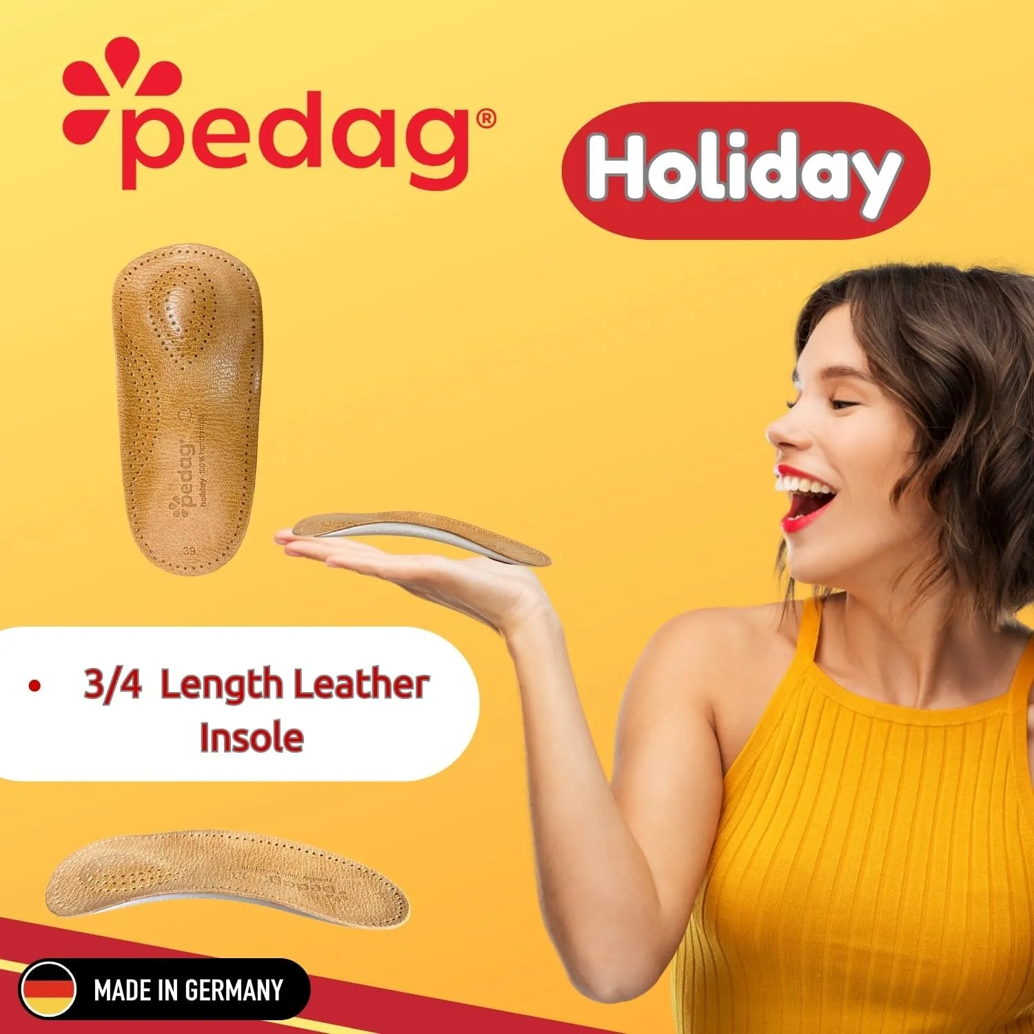 Pedag Holiday | 3/4 Length Sheepskin Orthotic Inserts | Handmade in Germany | Arch Support | Metatarsal Pad | Heel Cushion | Fits Low Profile Tight Shoes | Tan | 1 Pair | US Women 10 / EU 40 US Men 7