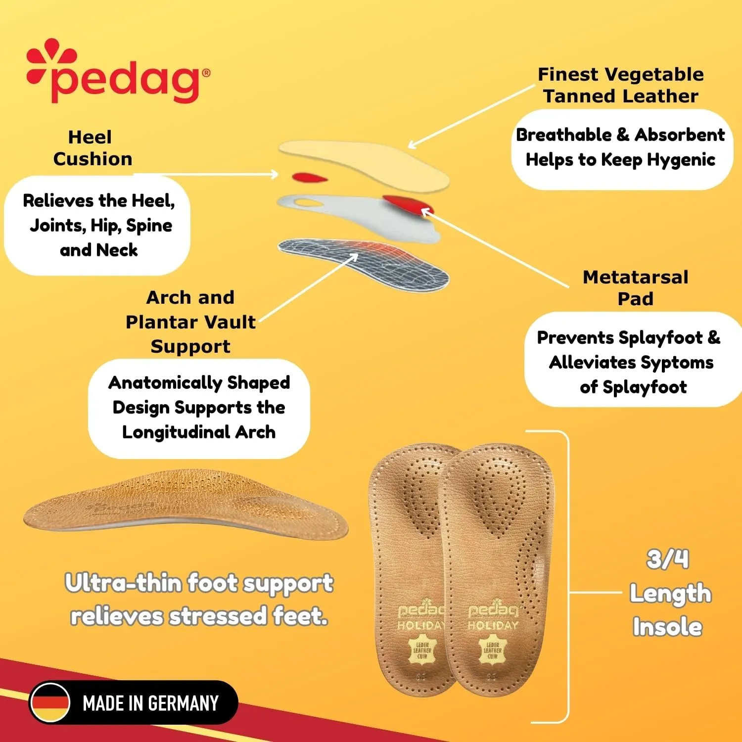 Pedag Holiday | 3/4 Length Sheepskin Orthotic Inserts | Handmade in Germany | Arch Support | Metatarsal Pad | Heel Cushion | Fits Low Profile Tight Shoes | Tan | 1 Pair | US Women 10 / EU 40 US Men 7