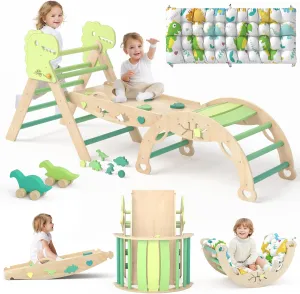 Pikler Triangle Set with Cushion 9 in 1 Climbing Toys for Toddlers 1-3 Indoor Baby Climbing Gym Toddler Montessori Toys Wooden Toy with Maze Toy, Shape Sorter, Dinosaur Car
