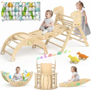 Pikler Triangle Set with Cushion 9 in 1 Climbing Toys for Toddlers 1-7 Indoor Baby Climbing Gym Toddler Montessori Toys Wooden Climbing Toys with Maze Toys, Shape Sorting Toys, Dinosaur Car