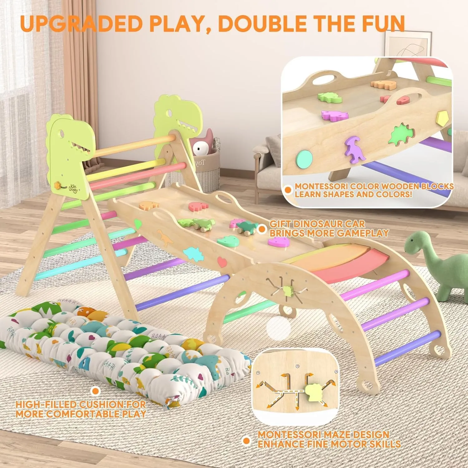 Pikler Triangle Set with Cushion 9 in 1 Large Climbing Toys for Toddlers 1-7 Indoor Baby Climbing Gym Montessori Toys Wooden Climbing Toys with Maze Toys, Shape Sorting Toys, Dinosaur Car