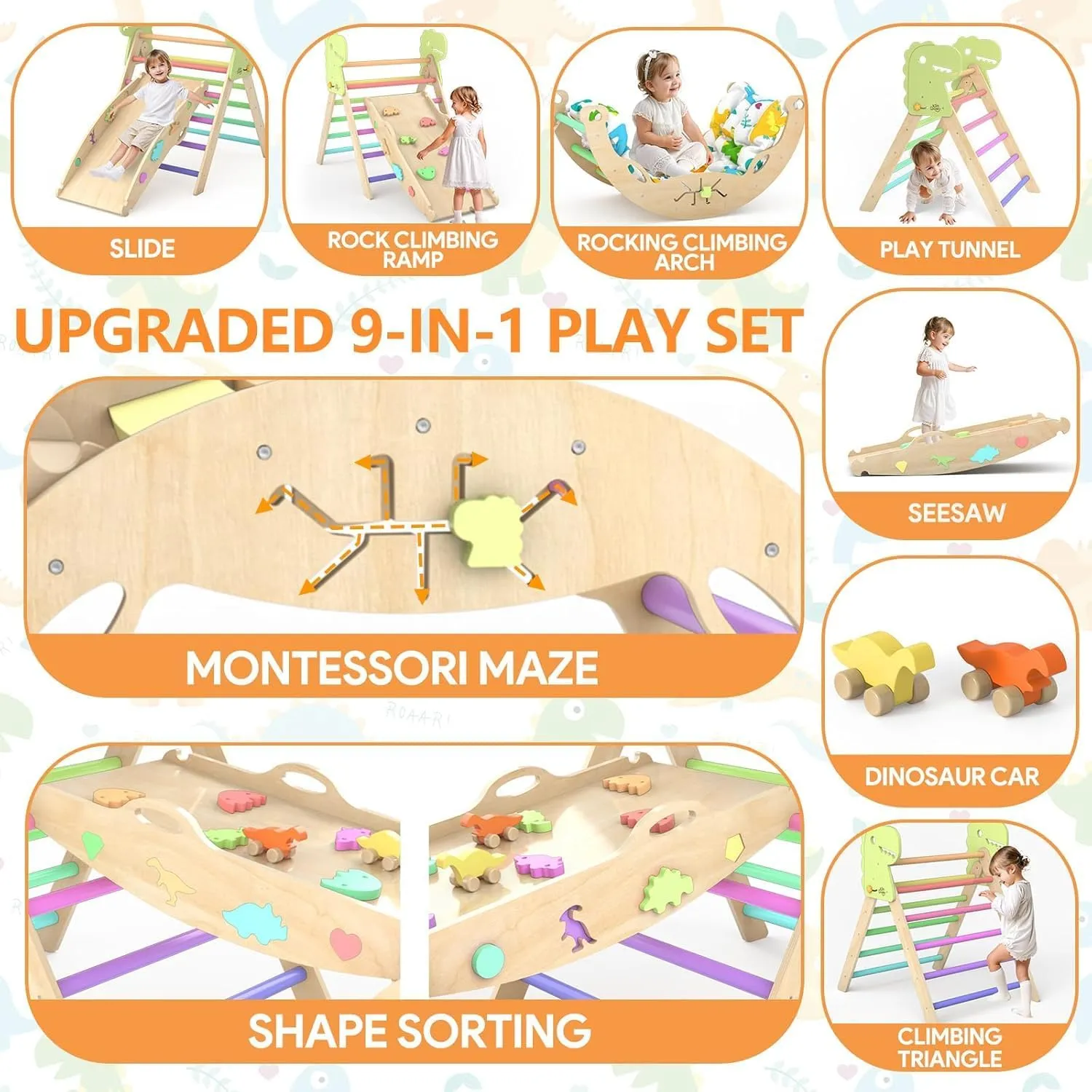Pikler Triangle Set with Cushion 9 in 1 Large Climbing Toys for Toddlers 1-7 Indoor Baby Climbing Gym Montessori Toys Wooden Climbing Toys with Maze Toys, Shape Sorting Toys, Dinosaur Car