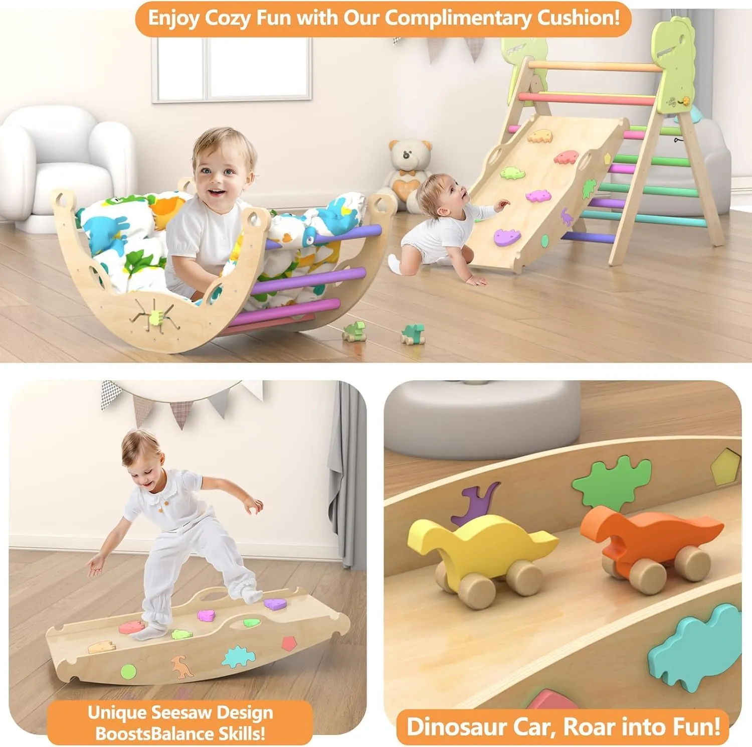 Pikler Triangle Set with Cushion 9 in 1 Large Climbing Toys for Toddlers 1-7 Indoor Baby Climbing Gym Montessori Toys Wooden Climbing Toys with Maze Toys, Shape Sorting Toys, Dinosaur Car