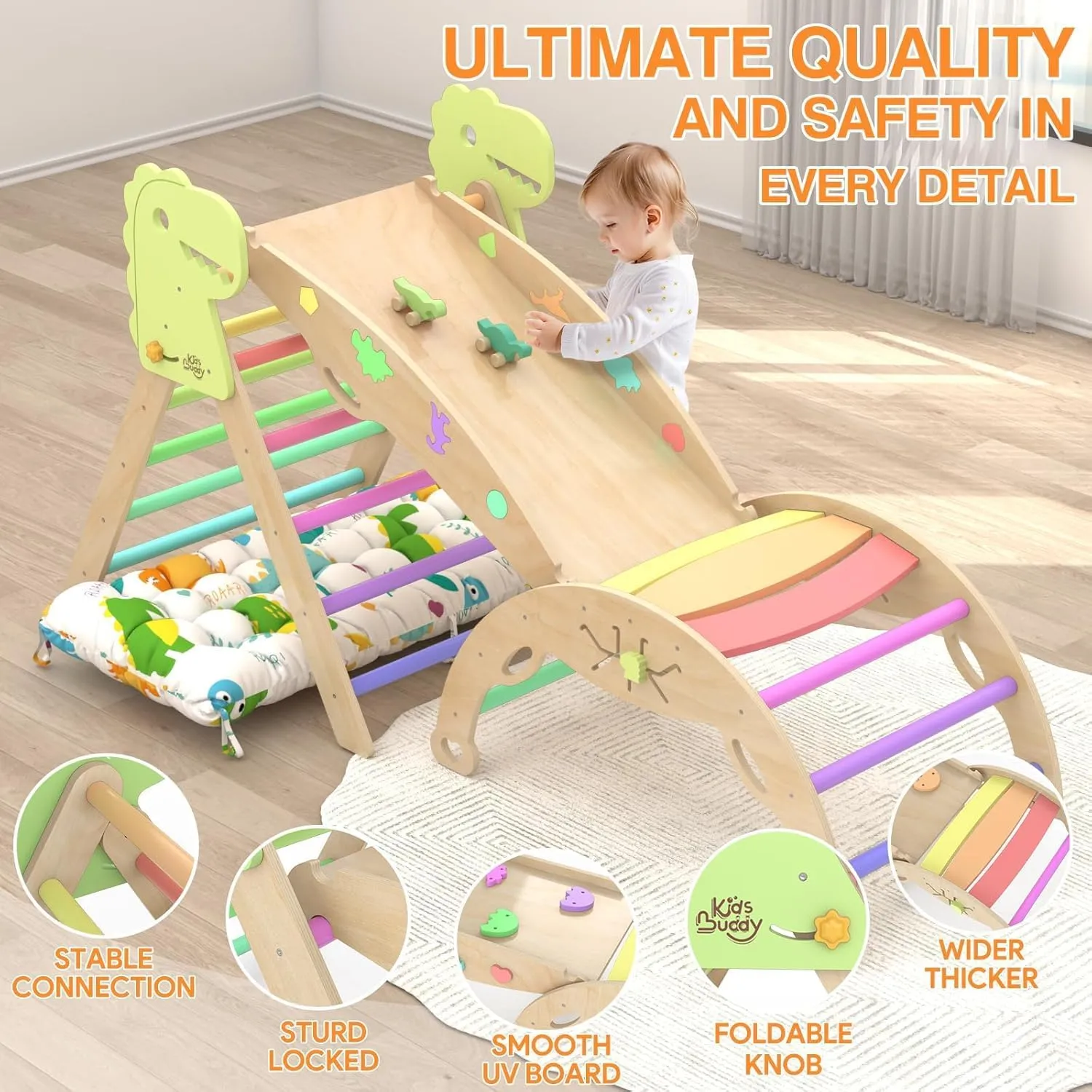 Pikler Triangle Set with Cushion 9 in 1 Large Climbing Toys for Toddlers 1-7 Indoor Baby Climbing Gym Montessori Toys Wooden Climbing Toys with Maze Toys, Shape Sorting Toys, Dinosaur Car