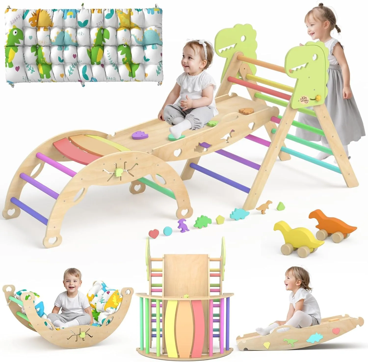 Pikler Triangle Set with Cushion 9 in 1 Large Climbing Toys for Toddlers 1-7 Indoor Baby Climbing Gym Montessori Toys Wooden Climbing Toys with Maze Toys, Shape Sorting Toys, Dinosaur Car