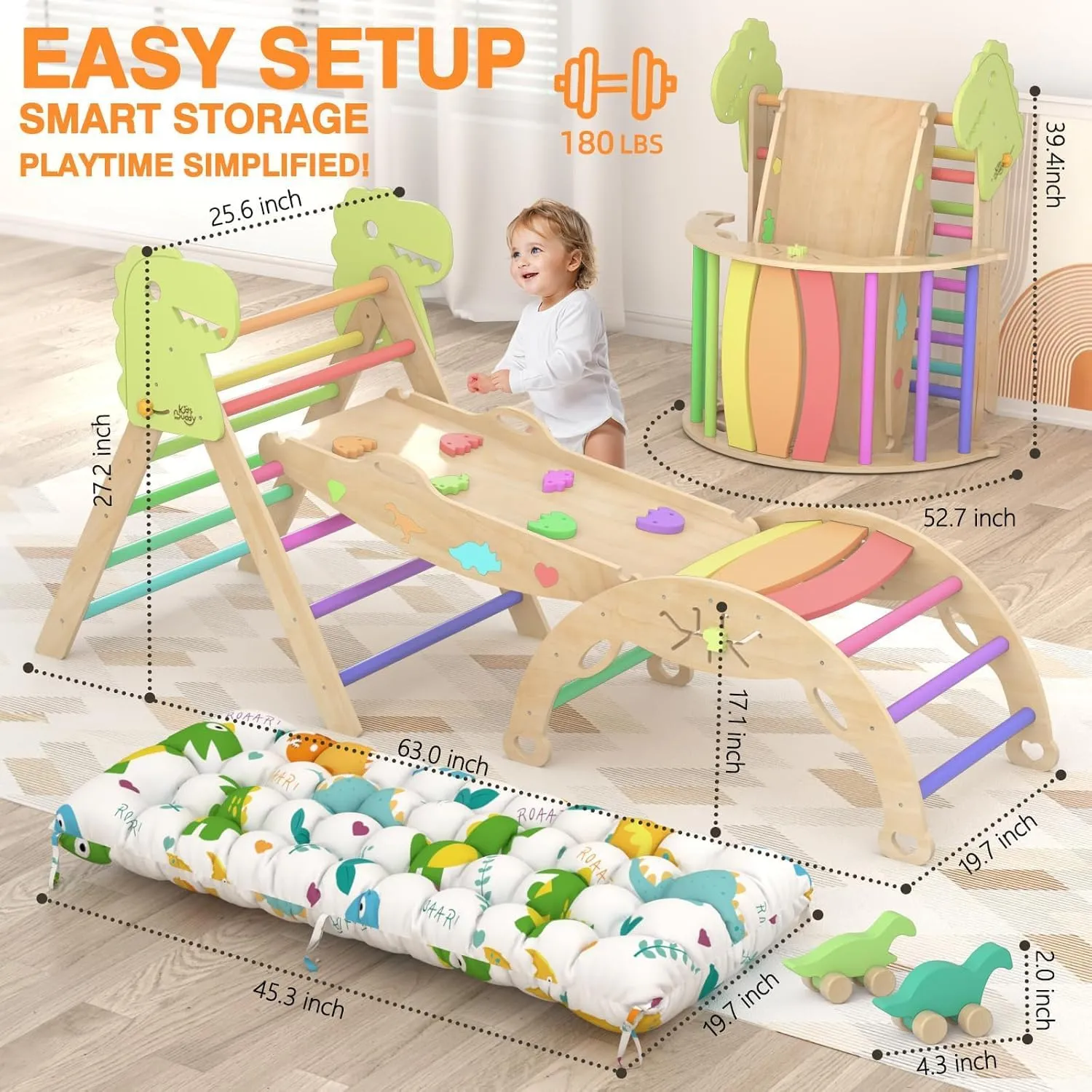 Pikler Triangle Set with Cushion 9 in 1 Large Climbing Toys for Toddlers 1-7 Indoor Baby Climbing Gym Montessori Toys Wooden Climbing Toys with Maze Toys, Shape Sorting Toys, Dinosaur Car