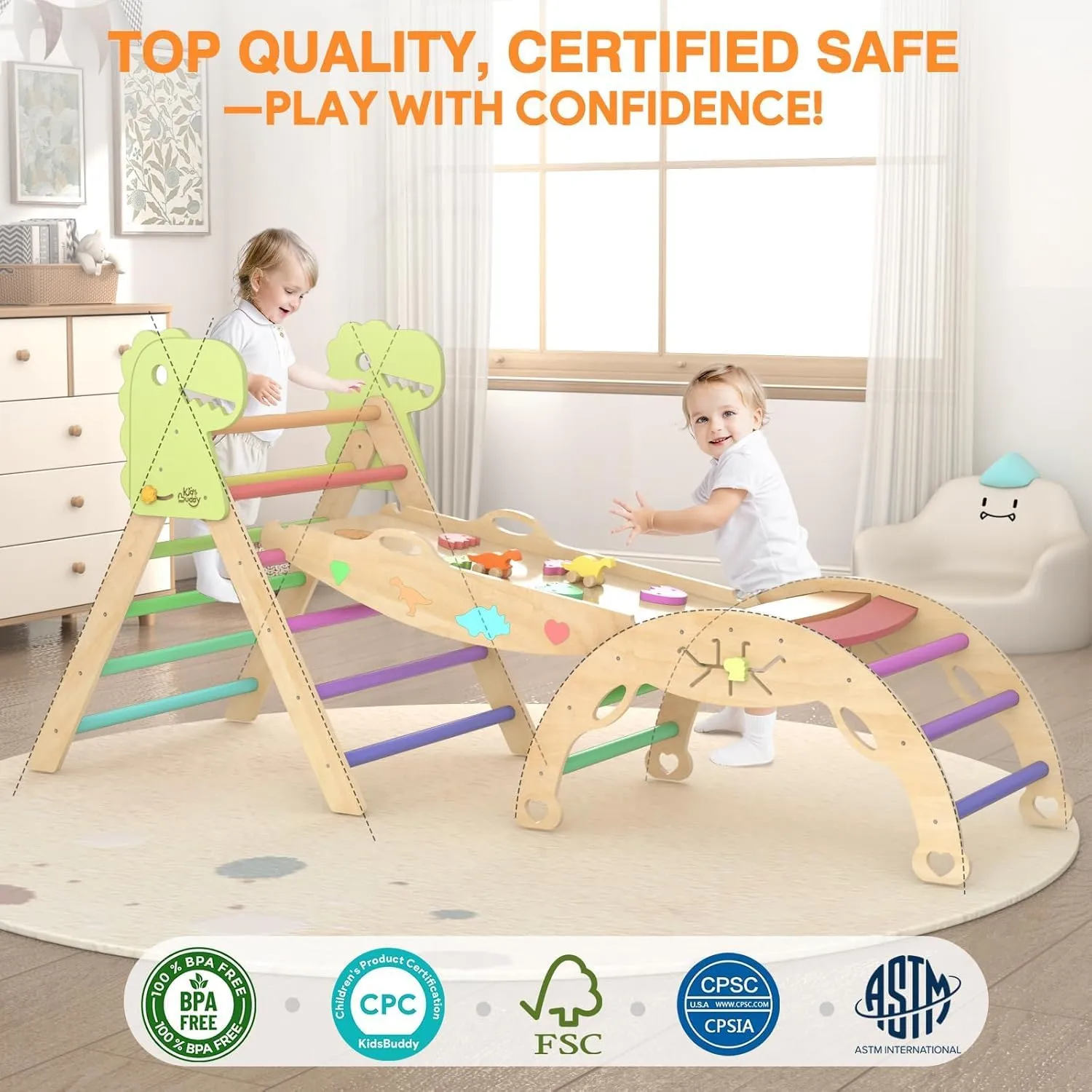 Pikler Triangle Set with Cushion 9 in 1 Large Climbing Toys for Toddlers 1-7 Indoor Baby Climbing Gym Montessori Toys Wooden Climbing Toys with Maze Toys, Shape Sorting Toys, Dinosaur Car