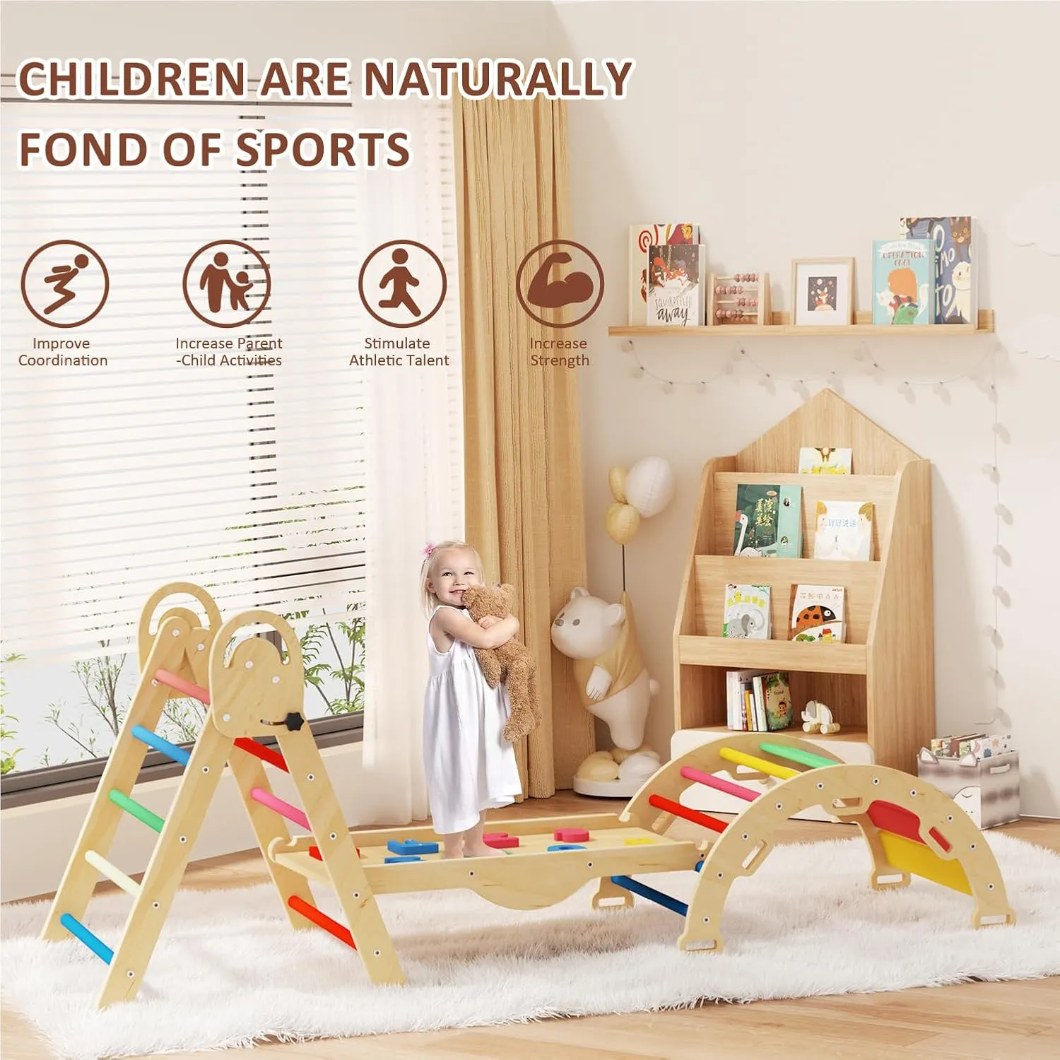 Pikler Triangle Set with Cushion, Montessori Climbing Set, Indoor Climbing Toys, Indoor Playground Jungle Gyms, 9 Combinations Climbing Toy Set for Toddler, Baby, Kids 1-4