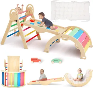 Pikler Triangle Set with Cushion, Montessori Climbing Set, Indoor Climbing Toys, Indoor Playground Jungle Gyms, 9 Combinations Climbing Toy Set for Toddler, Baby, Kids 1-4