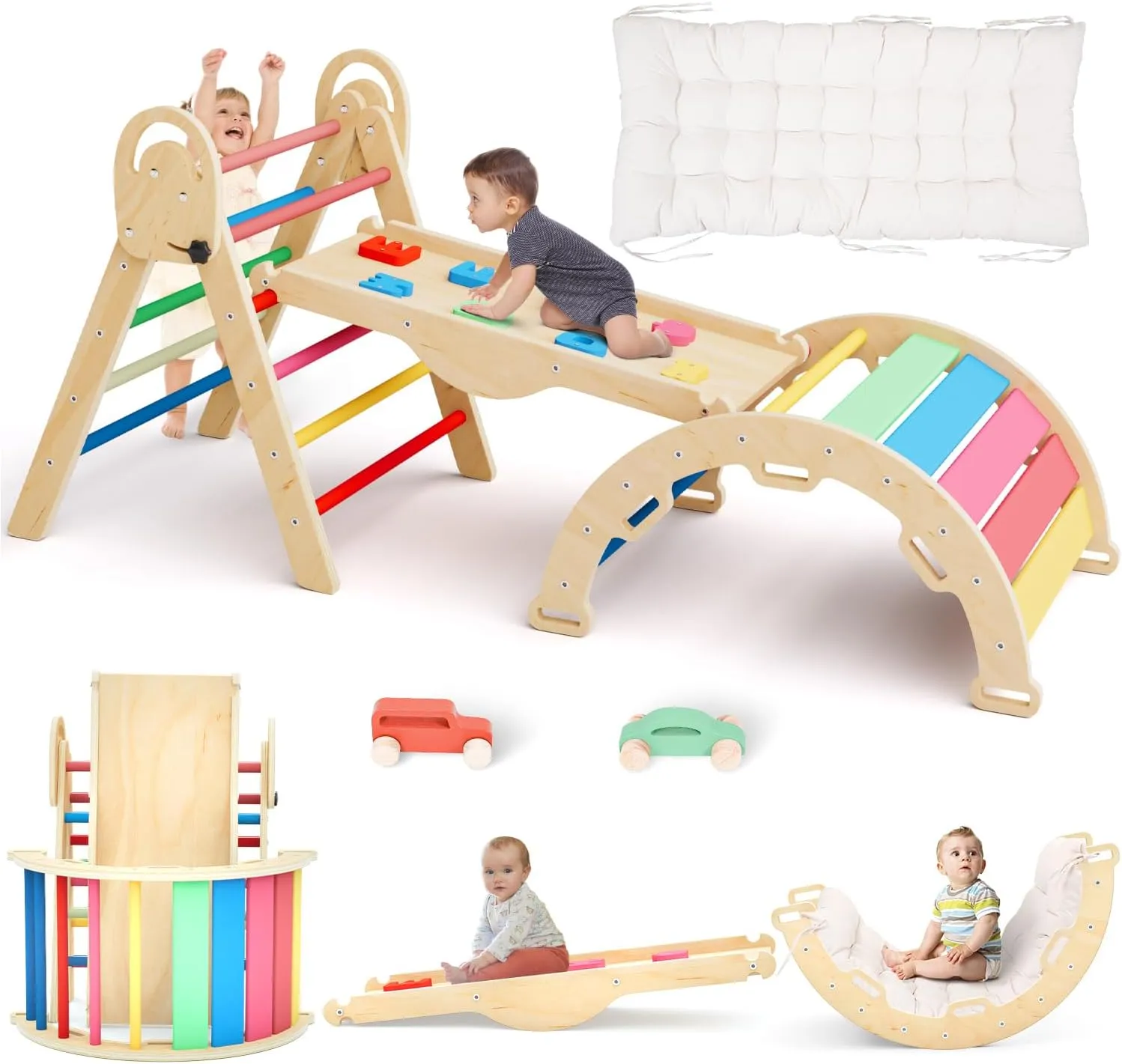 Pikler Triangle Set with Cushion, Montessori Climbing Set, Indoor Climbing Toys, Indoor Playground Jungle Gyms, 9 Combinations Climbing Toy Set for Toddler, Baby, Kids 1-4