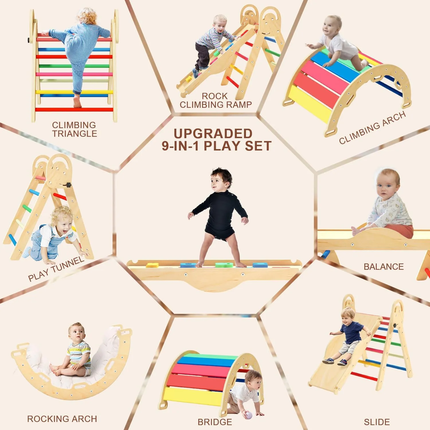 Pikler Triangle Set with Cushion, Montessori Climbing Set, Indoor Climbing Toys, Indoor Playground Jungle Gyms, 9 Combinations Climbing Toy Set for Toddler, Baby, Kids 1-4