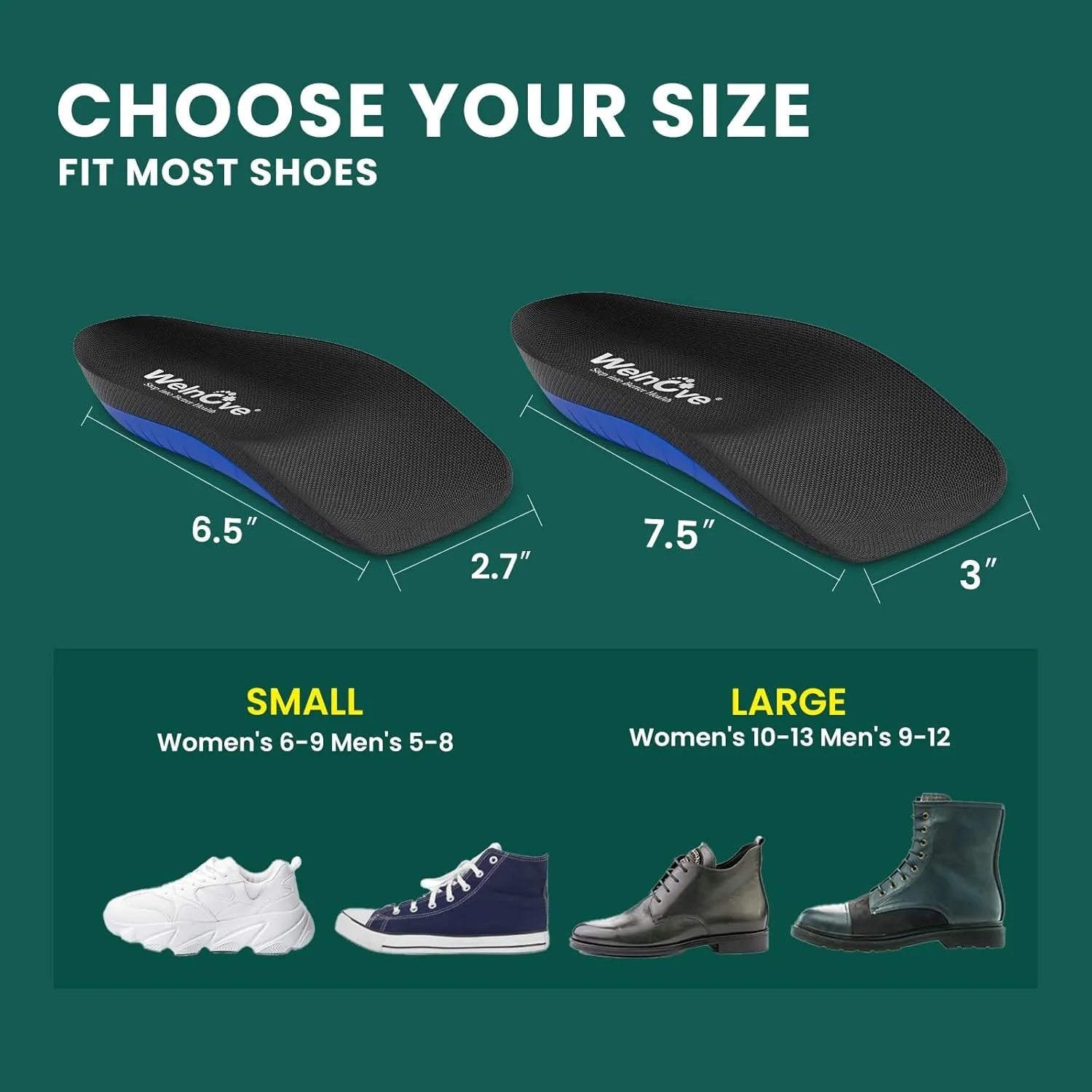 Plantar Fasciitis Inserts for Heel Pain - (FSA HSA Eligible) Welnove Arch Support Heel Cushions Insoles for Heel Spur, Achilles Tendon, Heel Cups for Most Shoes Women's 10-13, Men's 9-12
