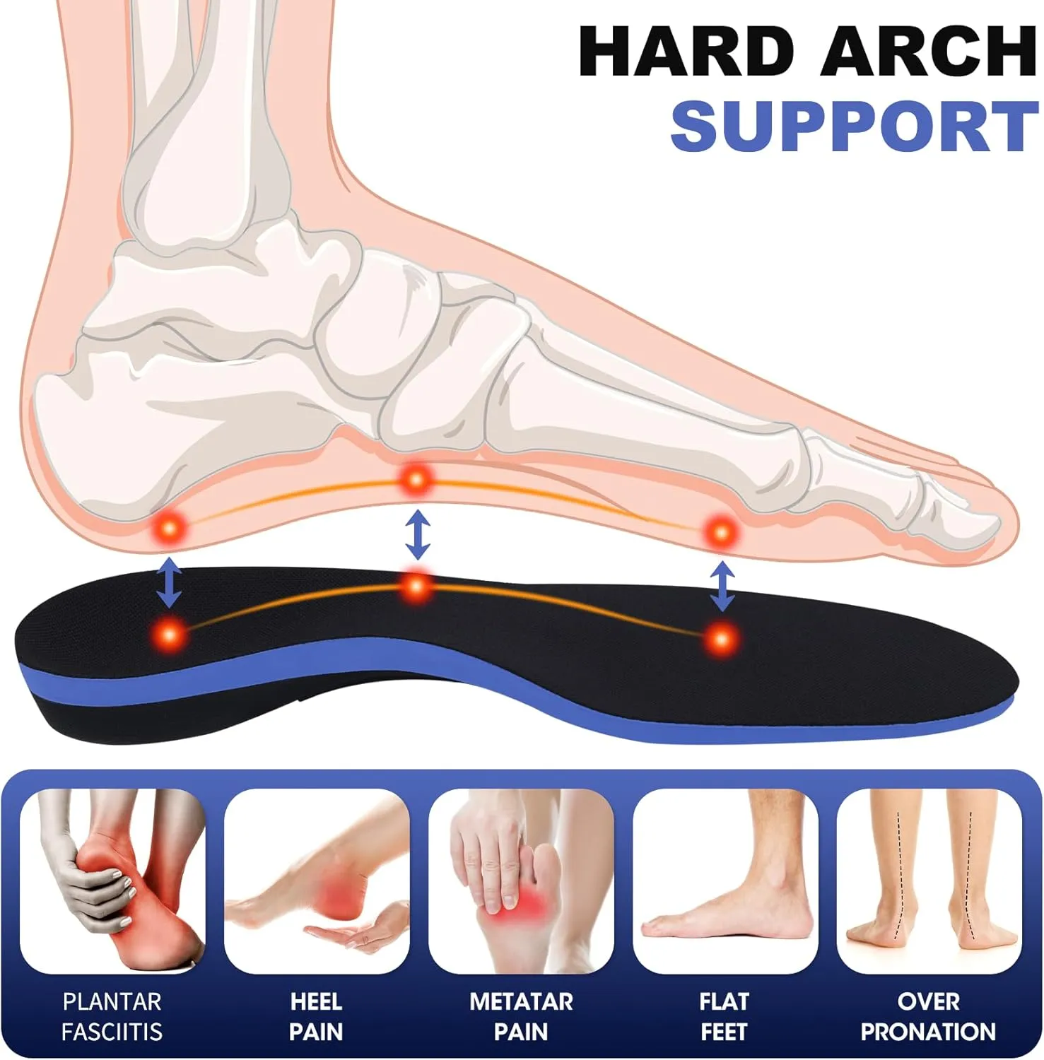 Plantar Fasciitis Insoles, Arch Support Inserts 220  lbs Pain Relief Orthotic for Men Women, Flat Feet Running Work Boot Insole for Standing All Day-XS