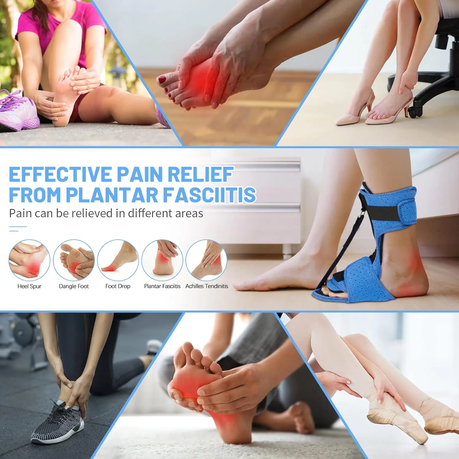 Plantar Fasciitis Night Splint: Adjustable Brace with Arch Support | Dorsal Night Splint for Women Men | Dual Effective Relief Achilles Tendonitis Foot Drop Heel Pain Black-Blue