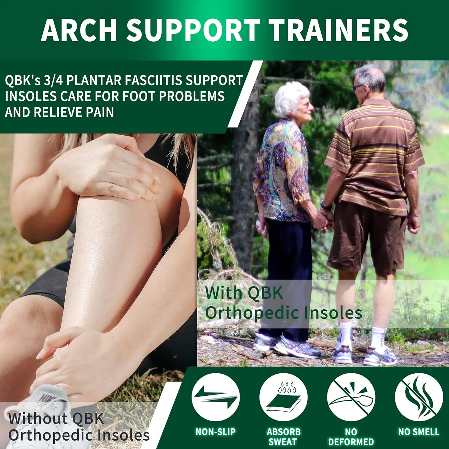 Plantar Fasciitis Orthotic Shoe Insoles, QBK High Arch Support Inserts for Dispersal Heel Pressure and Pain Relief，M