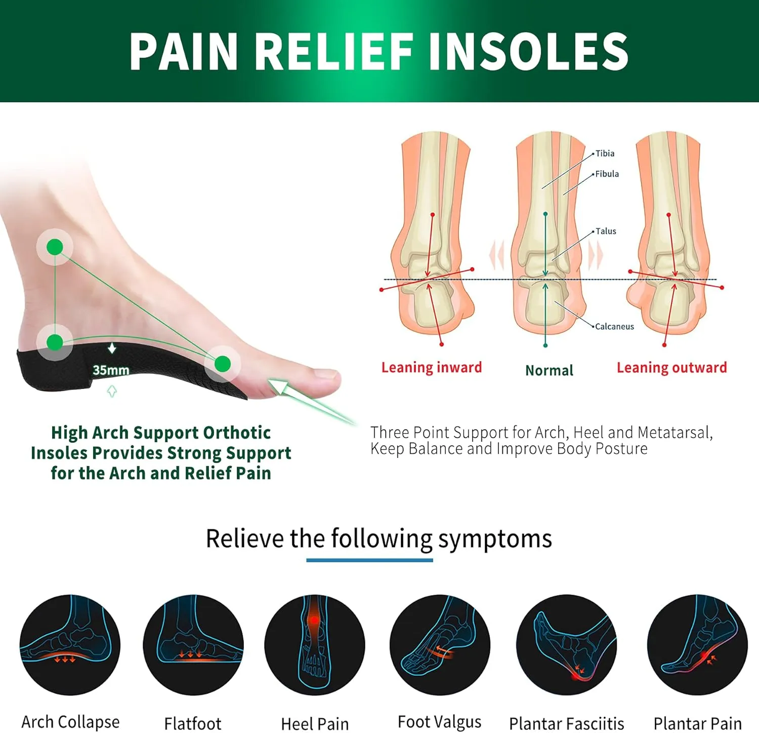 Plantar Fasciitis Orthotic Shoe Insoles, QBK High Arch Support Inserts for Dispersal Heel Pressure and Pain Relief，M