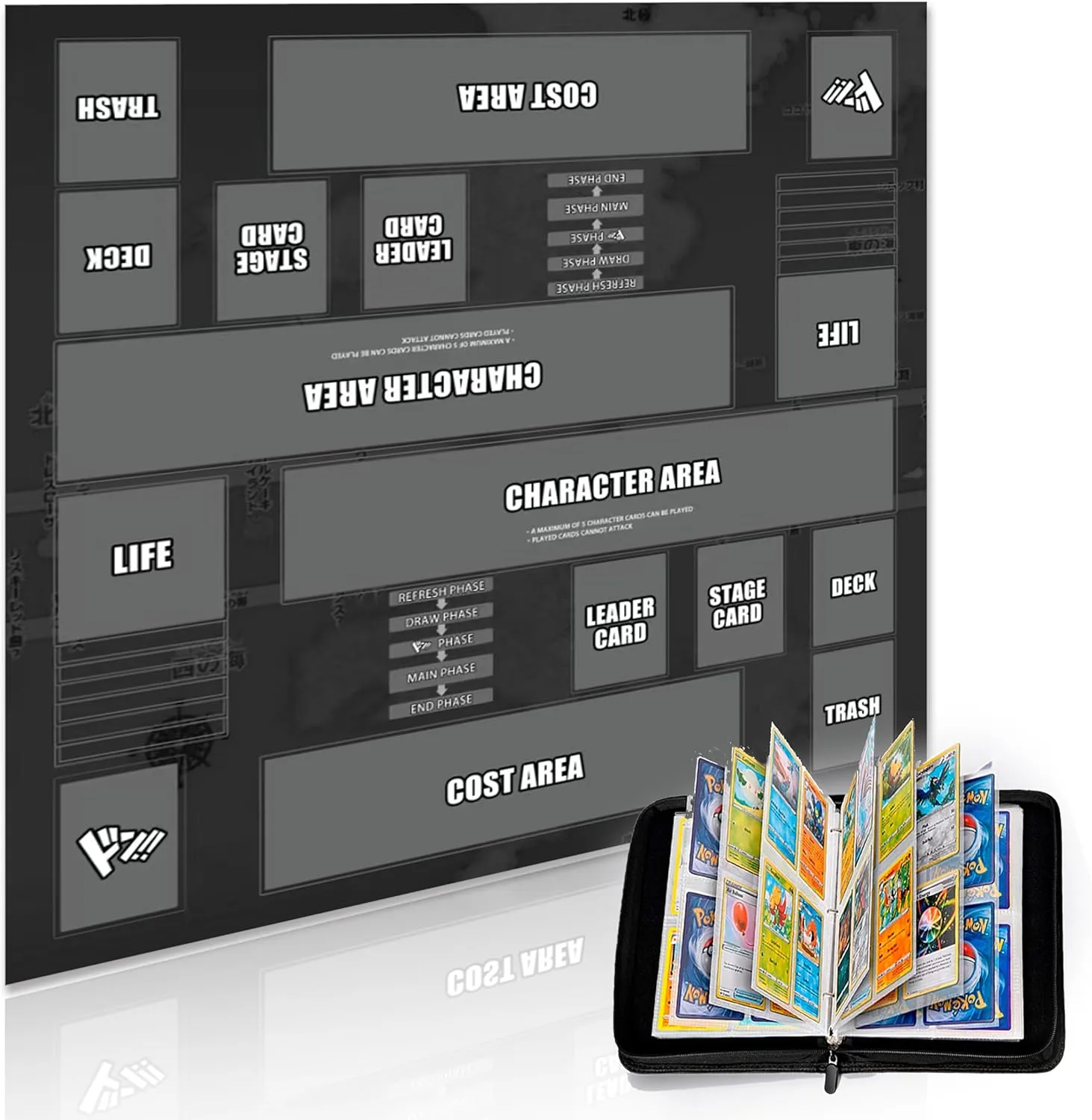 Playmat for One Piece Card Game for Two Players, 24x24 inches, with 4-Pocket Card Binder Set and 400  Card Capacity (Black)